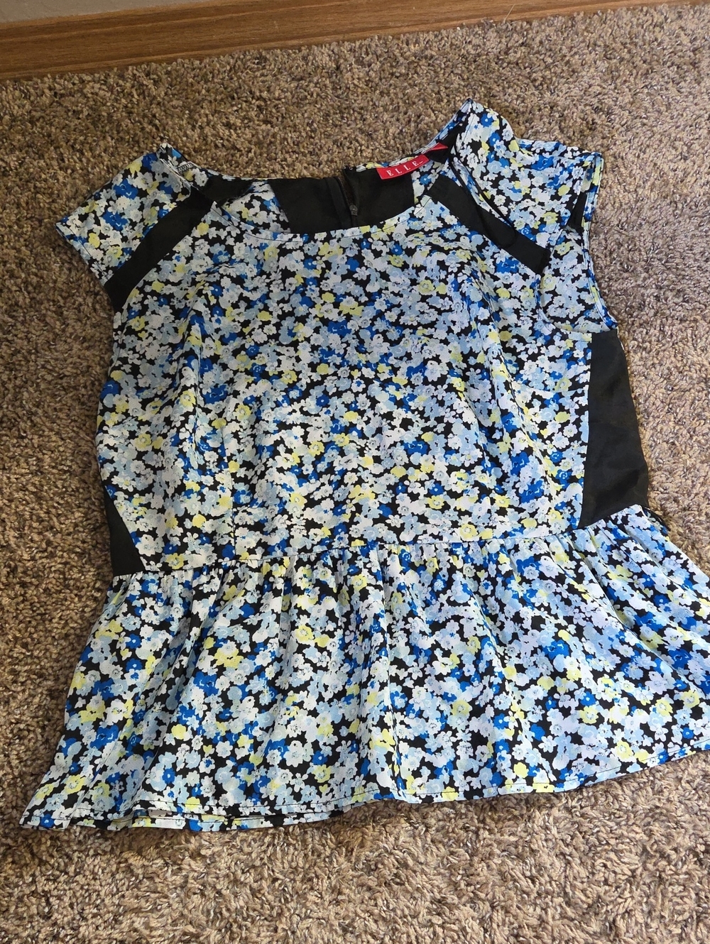 Elle Blue White Yellow Floral Peplum Top